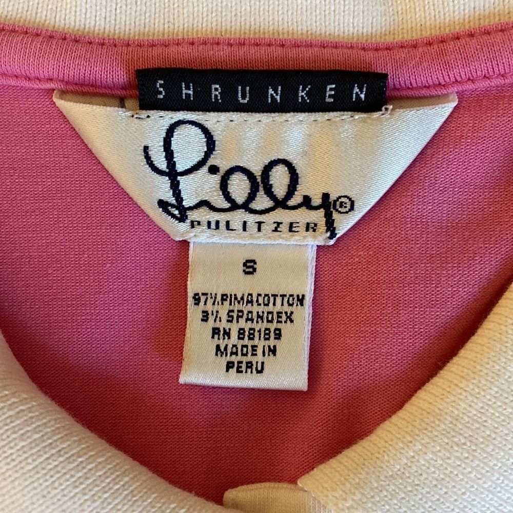 Lily Pulitzer Shrunken Cotton Polo Shirt in Barbie Pink with White Trim. Size S. - Picture 6 of 7